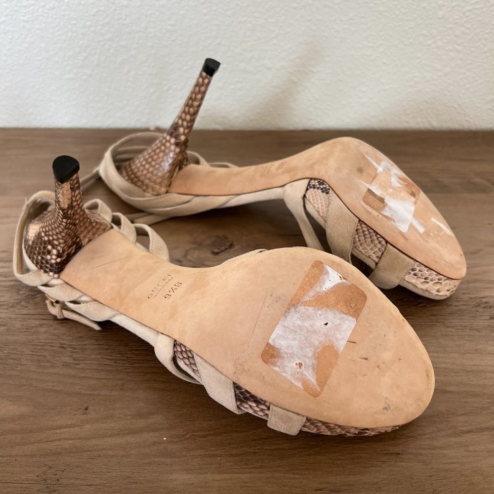 Gucci Suede Leather Python Heel Ankle Strap Pumps… - image 8